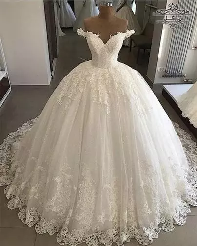 لباس عروس یقه شانه افتاده جدید شیک 2019